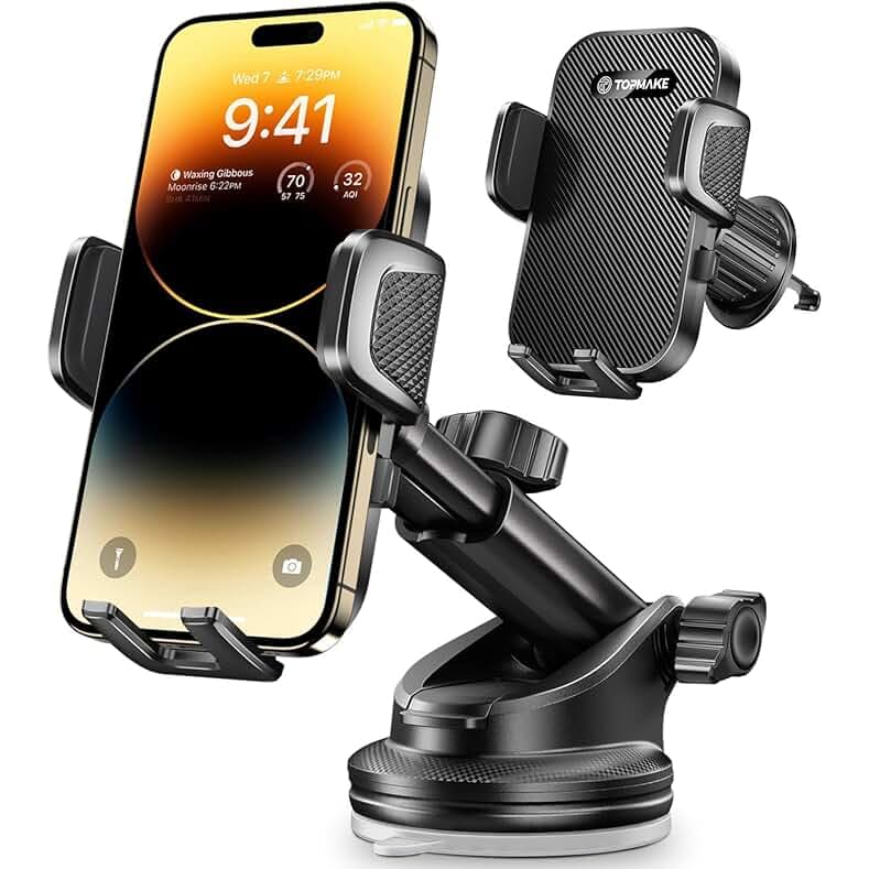 Topmake Car Phone Holder Mount,【2025 Upgrade】 3-in-1 Cell Phone Holder for Car, Dashboard Windshield, Suction Cup Hands-Free Car Phone Stand, Automobile Cradles Universal,Black