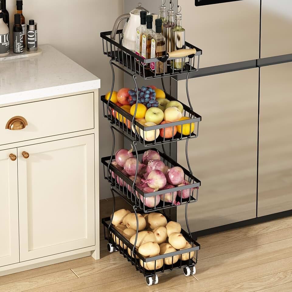 Wisdom Star 4 Tier Fruit Vegetable Basket for Kitchen, Storage Cart, Vegetable Basket Bins, Wire Storage Organizer Utility Cart with Wheels, Medium, Black