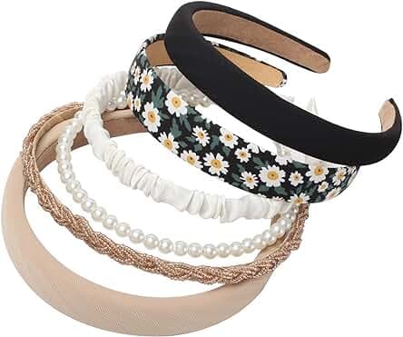 6PK Different Designs Headbands for Women Non Slip Flower Black White Solid Headband Set Cute Pearl Hair Band for Girls Twisted Hairband