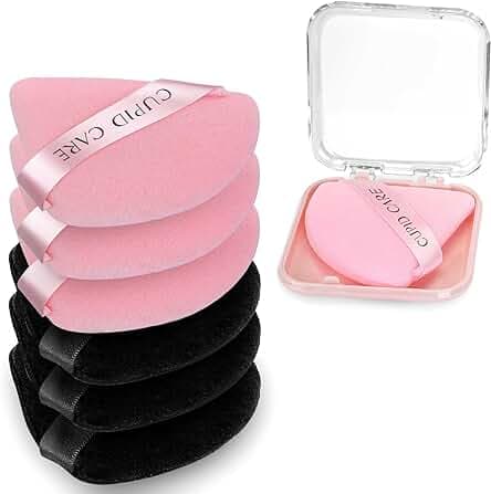 6 Pcs Triangle Powder Puff with 2 Travel Cases, Setting Powder Puffs for Face, Velour Makeup Puff for Loose Powder Body Powder, Blender Sponge Foundation Blending Sponges Beauty Tools
