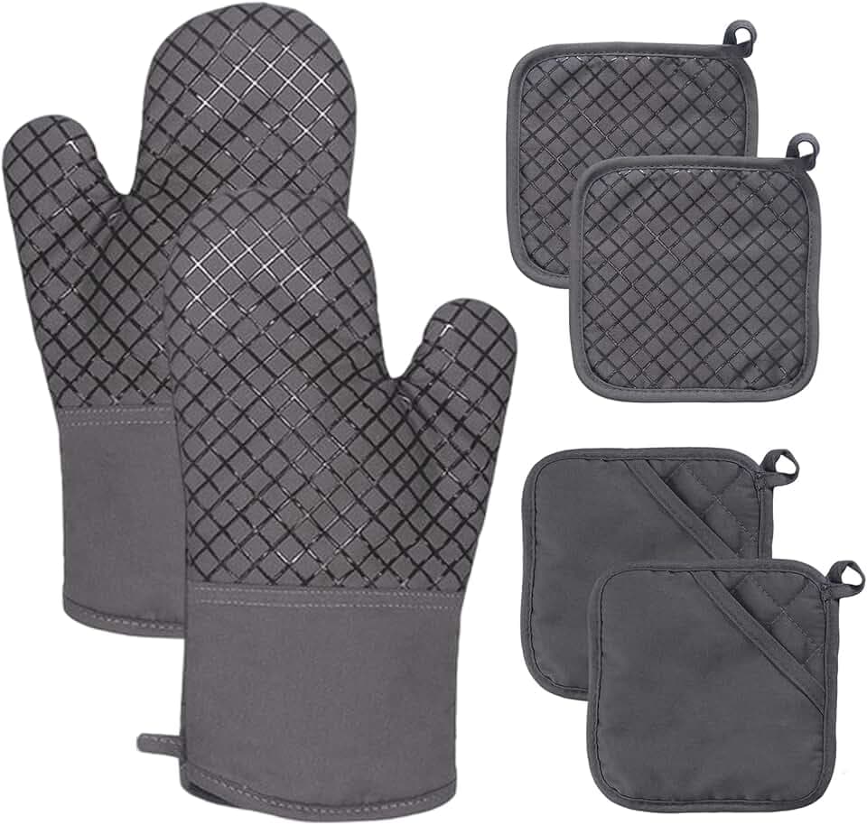 4 Pcs Oven Mitts and Pot Holders,500°F High Heat Resistant Kitchen Oven Mitts with Pot holders,Long Oven Mitts with Recycled Cotton Infill and Silicone Non-Slip Surface for Baking and Cooking(Grey)