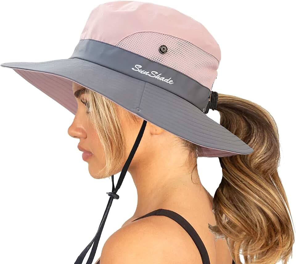 Womens Summer Sun-Hat Outdoor UV Protection Fishing Hat Wide Brim Foldable-Beach-Bucket-Hat with Ponytail-Hole