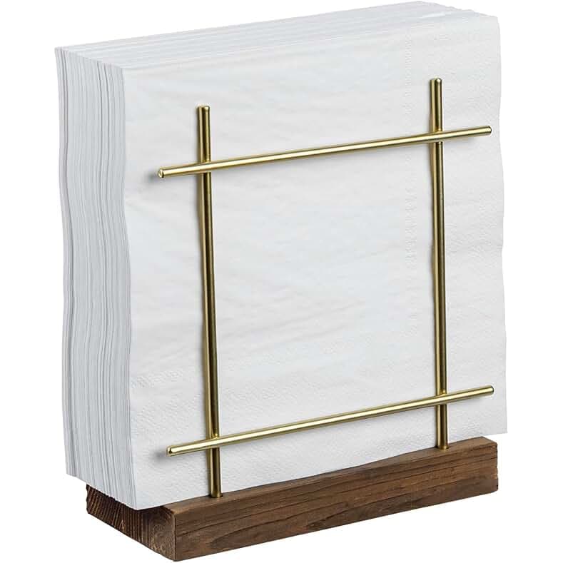 MyGift Napkin Holder for Table, Wire Metal Napkin Dispenser with Wood Base Kitchen Countertop, Contemporary Brass-Tone Tabletop Dining Decor