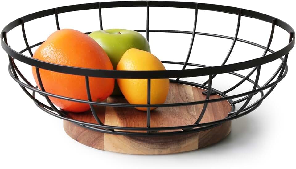 Fruit Basket,black Wire Basket with Acacia Wood Base,large Fruit Bowl for Countertop,black Baskets for Fruits, Breads, Vegetables Storage. (12-inch)