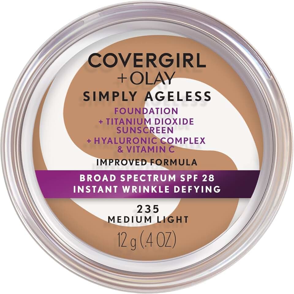 COVERGIRL Simply Ageless Instant Wrinkle Defying Foundation, SPF 28, Hyaluronic Complex & Vitamin C - 235 Medium Light, Pack of 1