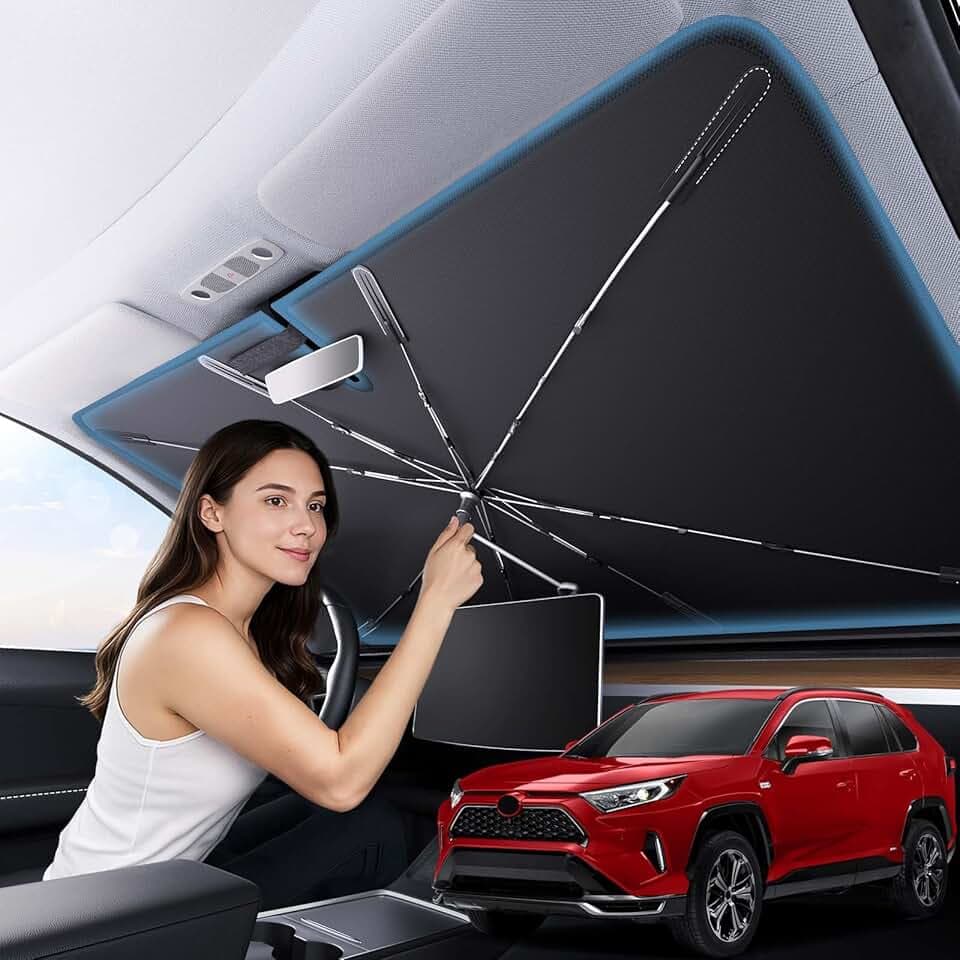 Zanch 2025 Upgraded Car Windshield Sun Shade [Cool Down by 75℉ ] with Heat Insulation Coating, Foldable Sunshade Umbrella Flexible Handle & Ribs, Medium (57''x32'') for Most Car, SUV, Truck, Van