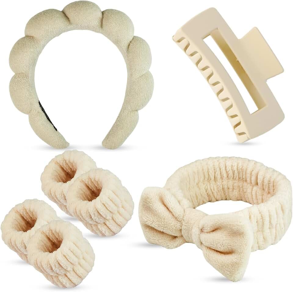 7 Pcs Spa Set, Facial Headband and Wristband Set, Skincare Accessories, College Style Girl Gift, Hair Accessories for Women and Girls (Khaki)