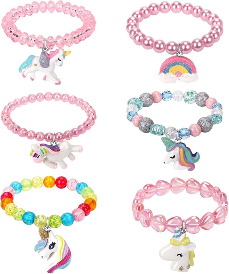 Set of 6 Unicorn Rainbow Bracelets, Little Girl Animal Bracelets, Teens Kids Unicorn Pendant Beaded Bracelet Girl Party Favor Pretend Play Bracelet