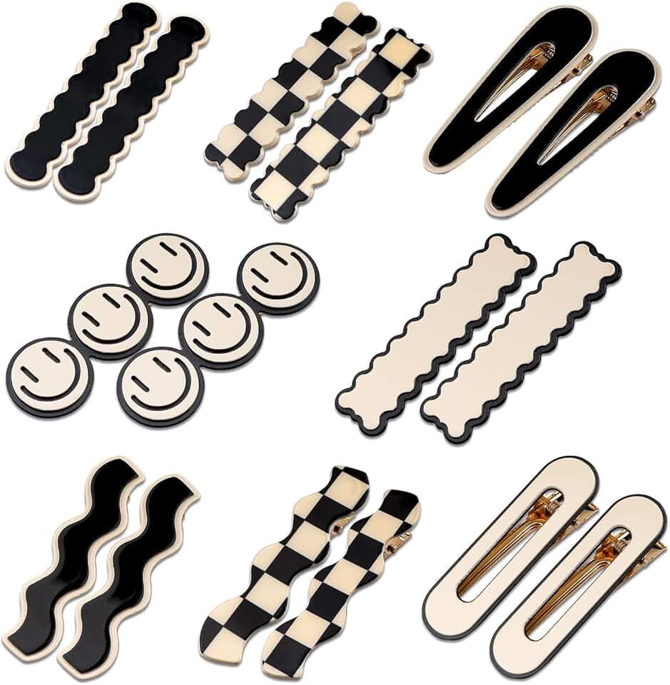 16 PCS Magicsky Simple No Bend Hair Clips, Black White Checker Barrettes, No Crease Wave Geometric Duckbill pins, Korean Styling Minimalist Hairpin Hair Accessories, Gifts for Women Girls