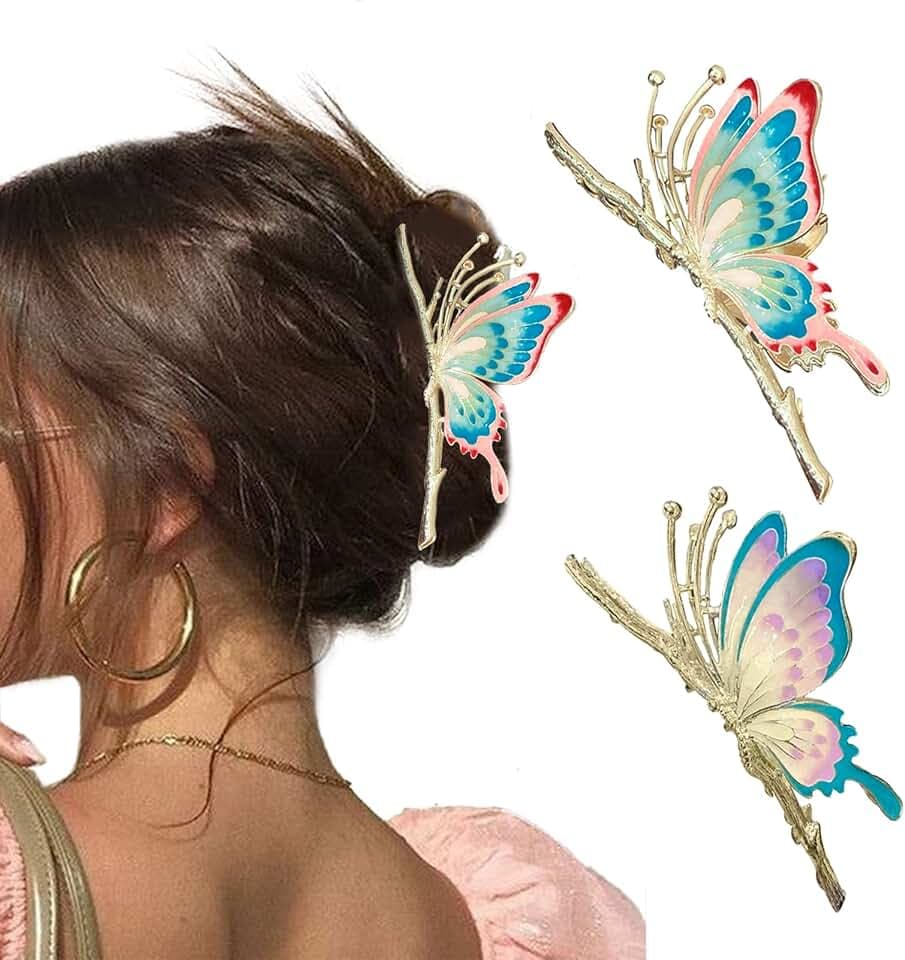 Large Non-Slip Metal Sparkly Butterfly Hair Jaw Clips for Women - Strong Hold Cute Hair Claws, Headwear Gifts (2Pcs)