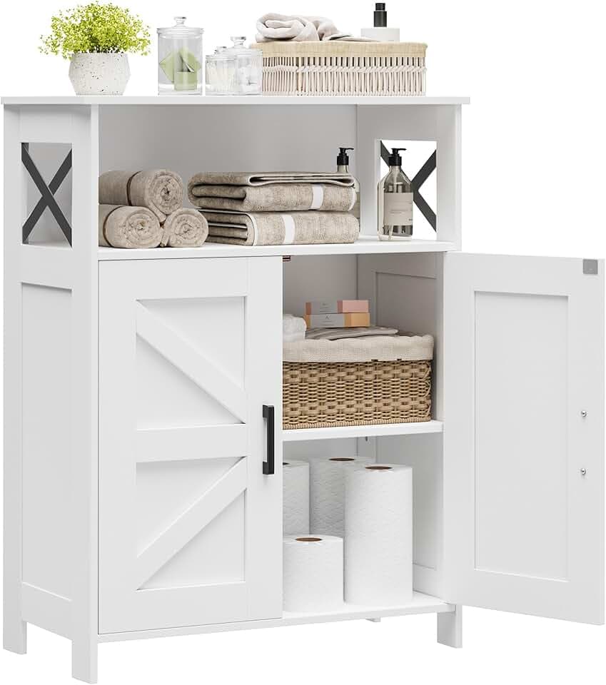 Homhedy Small Bathroom Storage Cabinet with Doors, Bathroom Cabinet with Adjustable Shelves, Freestanding Farmhouse Cabinet for Kitchen/Laundry/Living Room, 11.8 x 23.6 x 31.5 Inches, White