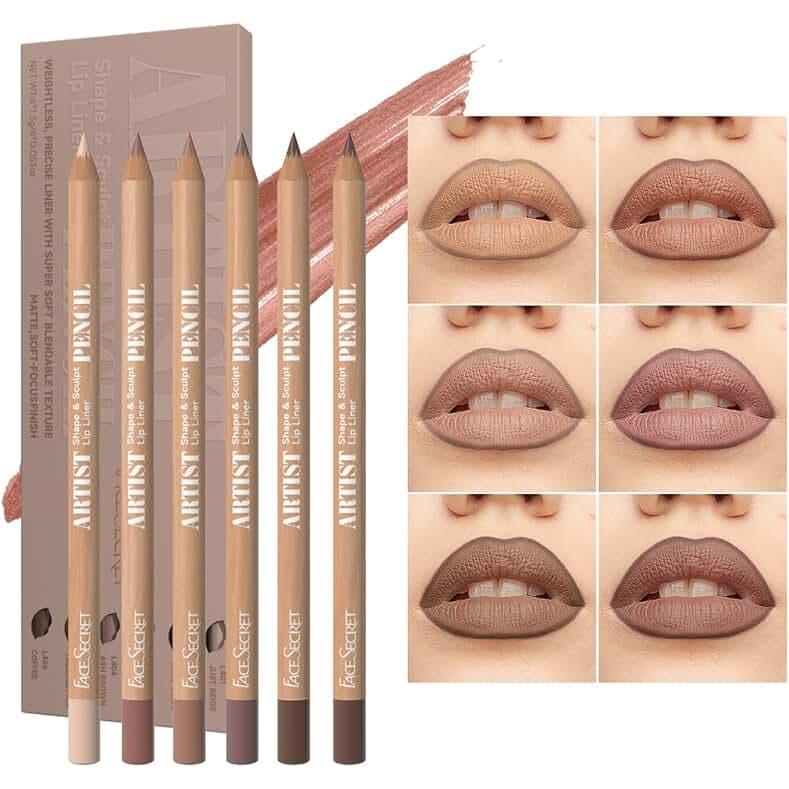 Beauty Glazed 6pcs Nude Brown Lip Liner Makeup Set - Waterproof & Smudge-Proof Matte Pencil, Long-Lasting & Durable, Smooth & Easy Glide, Non-Smudge, Contouring, Filling & Layering (NUDE-BROWN Set)