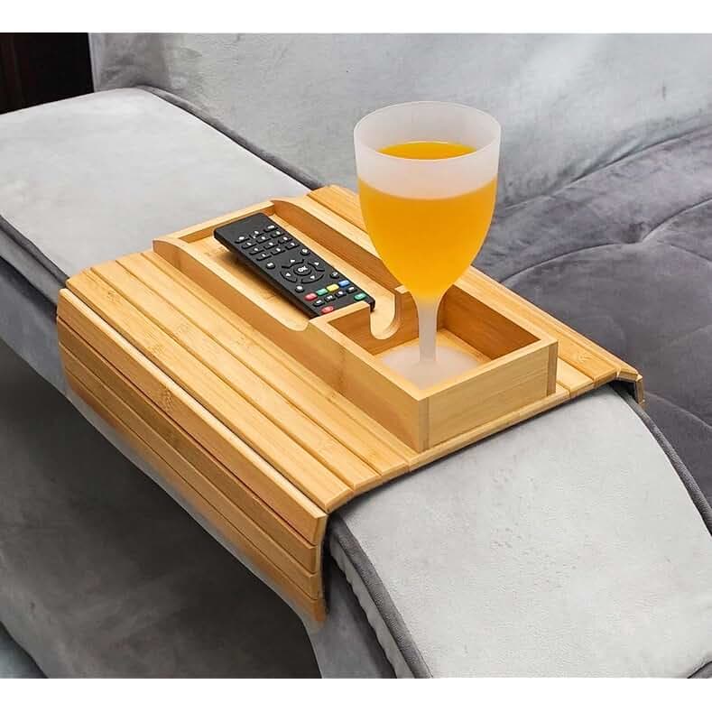 3 in 1 Bamboo Sofa Armrest Tray - Foldable Couch Arm Table with Cup Holder, Secure Edge Design, Anti-Slip and Sturdy Sofa Tray for Drinks, Cellphone, Remote, Snacks - Easy to Clean and Durable