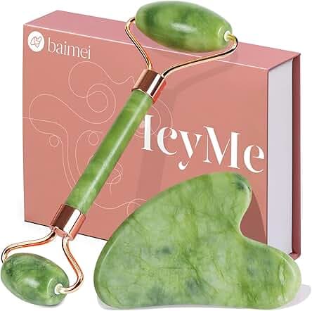 BAIMEI IcyMe Gua Sha & Jade Roller Facial Tools Face Roller and Gua Sha Set for Puffiness and Redness Reducing Skin Care Routine, Self Care Gift for Men Women - Green