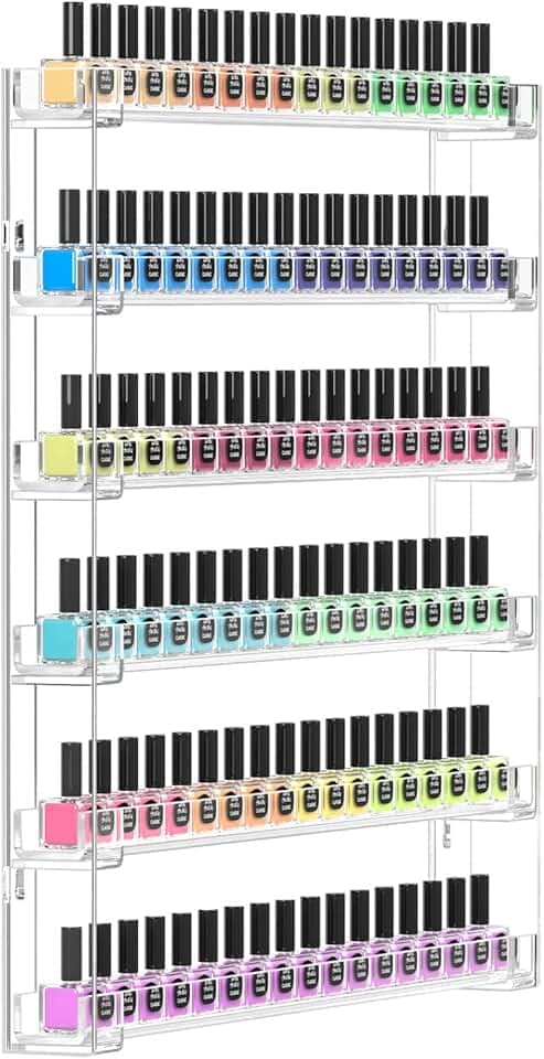 FEMELI 21 * 21 Inch Nail Polish Wall Rack, Easy to Install, Clear Acrylic Nail Polish Display Holder Organizer 6 Tier Hold Up To 90-120 Bottles