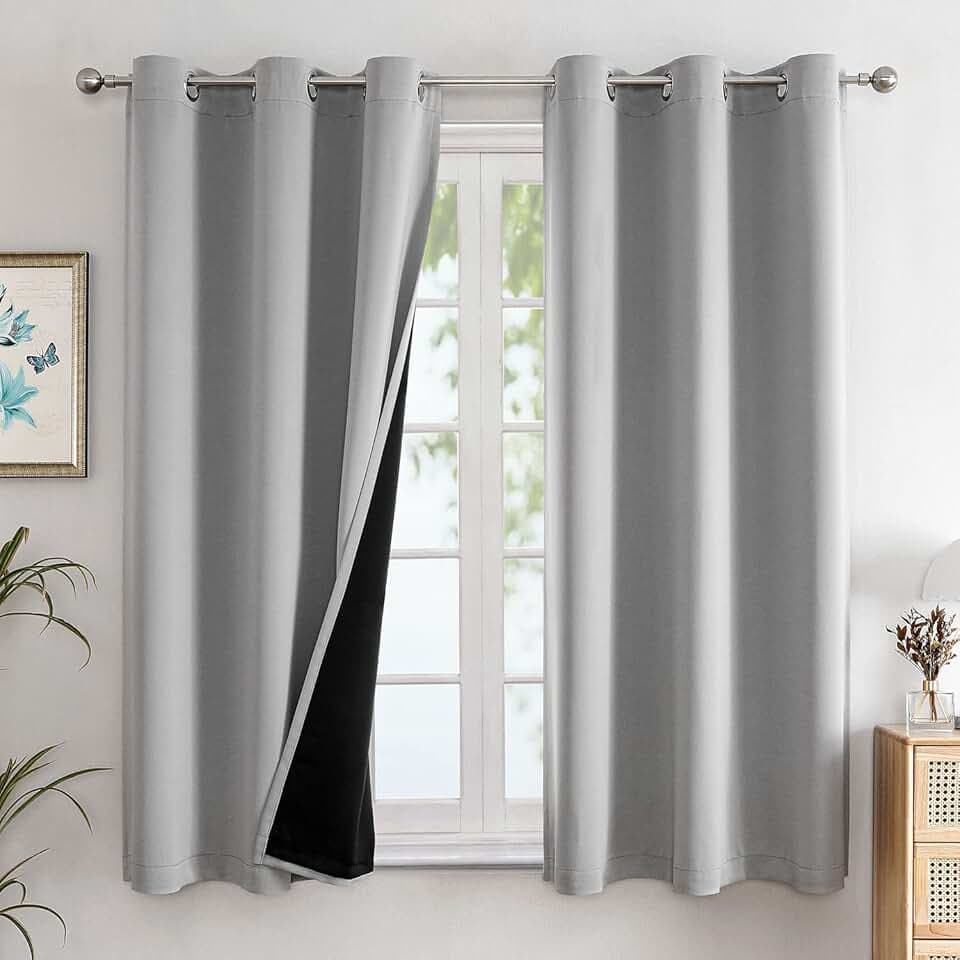 ChrisDowa 100% Blackout Curtains for Bedroom with Black Liner, 2 Thick Layers Total Blackout Thermal Insulated Grommet Window Curtains 63 Inch Length 2 Panels Set (Light Grey, 42 x 63 Inch)