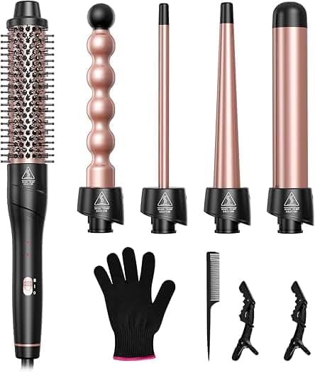 5 in 1 Curling Iron Set, Curling Wand with New Upgraded Thermal Brush and 4 Interchangeable Ceramic Barrels(0.35"-1.5"), Fast Heating, Dual Voltage Hair Curler, Gifts for Women