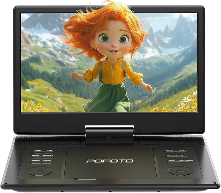 15.7" Portable DVD Player with 14.1" HD Swivel Screen, 6-Hour Rechargeable Battery, Dual Speakers, USB/SD/TV Sync, Supports Multiple Disc Formats, Black [Not Support Blu-Ray]