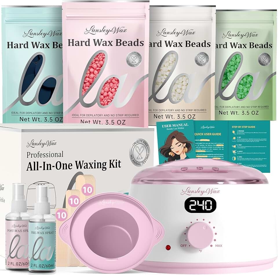 LANSLEYWAX Digital Waxing Kit for Women Men - Pink Wax Machine with 39 Accessories - Hard Wax Kit for Face Eyebrow Lip Brazilian Bikini Sensitive Skin, Waxing Warmer Hair Removal for Home/Salon Use
