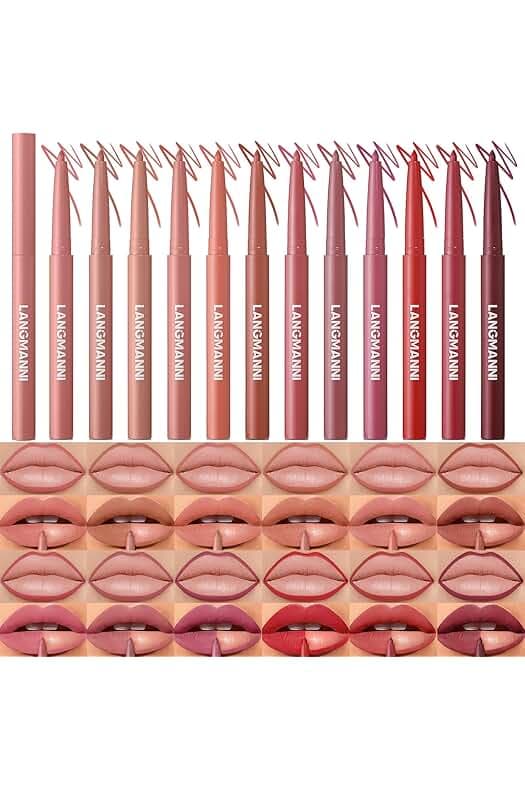 LANGMANNI 12 Colors Sculpting Matte Velvet Lip Liner Set,Smooth Creamy Texture,Waterproof And High Pigmented For Girls Daily Application Lip Makeup
