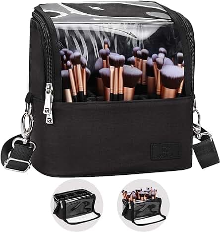 Makeup Brush Case Stand-up Makeup Cup Travel Professional Cosmetic Bag Artist Storage Bag Large Makeup Brush Bag with Adjustable Divider (Large, Black)