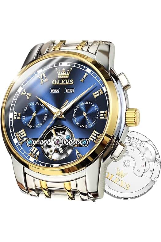 OLEVS Automatic Watch(No Battery Required) Men's Wrist Watches Self-Wind Mechanical Watches Fashion Classic Tourbillon Skeleton Watch Black Blue Green Face,Adjustable Bracelet (Gift Tool)