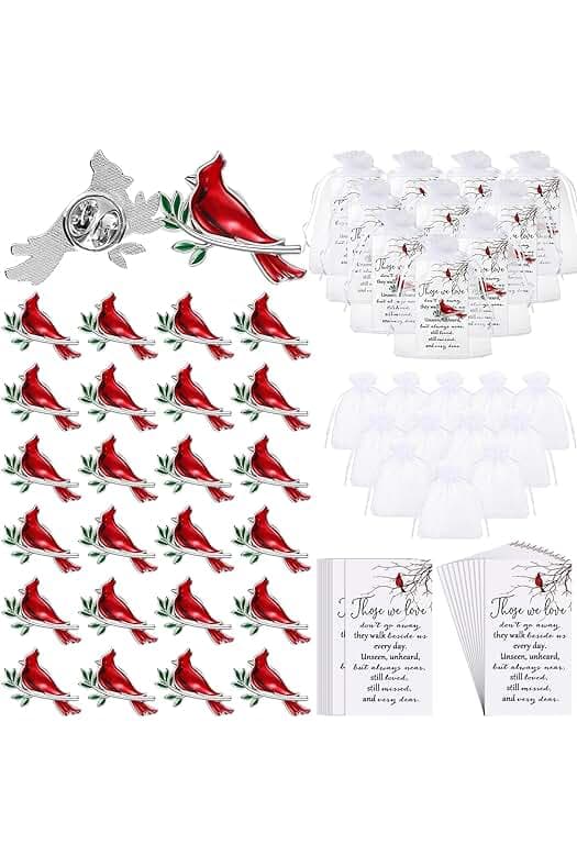 Jexine 240 Pcs Cardinal Pin Sets Include 80 Red Cardinal Brooch Pins, 80 Memorial Cards, 80 Organza Gift Bags Those We Love Do Not Go Away Poem Cards Funeral Gifts for Guests(Classic)