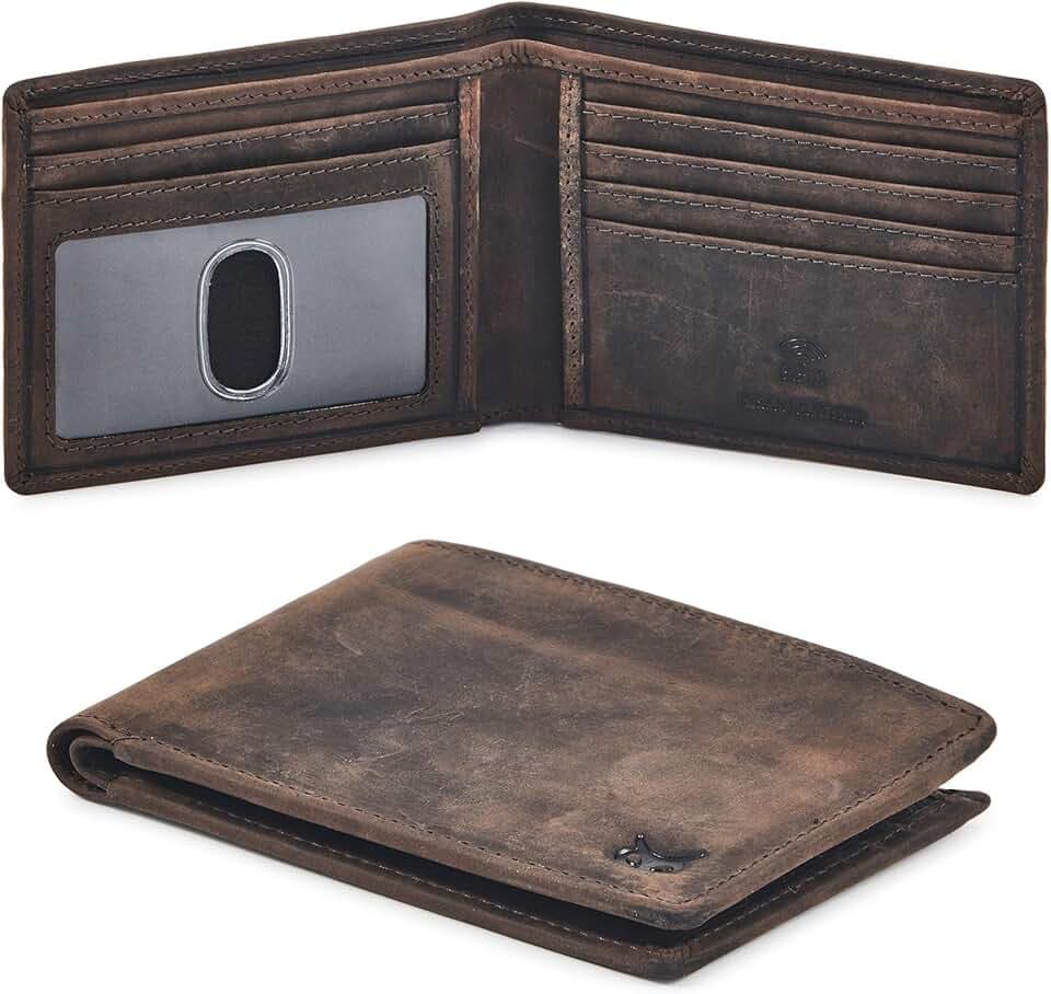 Real Leather Mens Bifold Wallet RFID Blocking Slim Minimalist Front Pocket - Thin & Stylish with ID Window in Gift Box (Crazy Horse, Coffee)