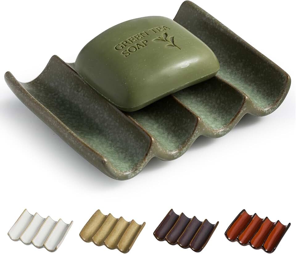 Draining Ceramic Soap Dish - Fluted Design, Bar Soap Holder for Shower & Bathroom, Soap Saver Sponge Lift, Green