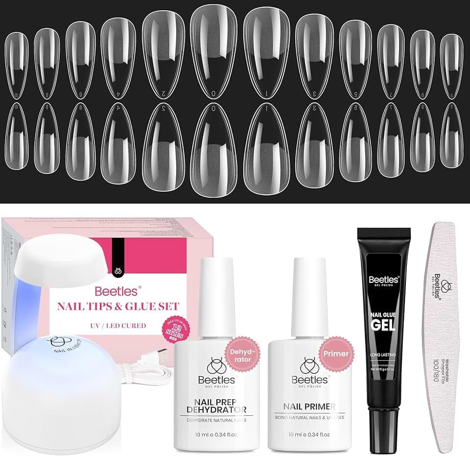 Beetles Gel Nail Kit Medium Almond with Nail Dehydrator and Primer, 576Pcs Half Matte Etch-X Gel Nail Tips Solid Nail Glue Mini Nail Lamp Acrylic Nail Tips Easy DIY Nail Extension Set Gift for Women