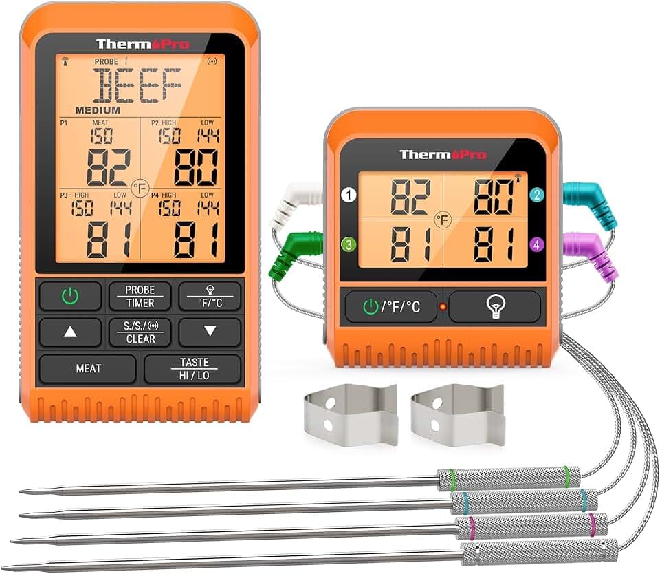 ThermoPro TP829 1000ft Wireless Meat Thermometer Digital for Grilling and Smoking, 4 Meat Probes Grill Thermometer for Outside Grill, BBQ Thermometer for Cooking Beef Turkey Smoker Accessories