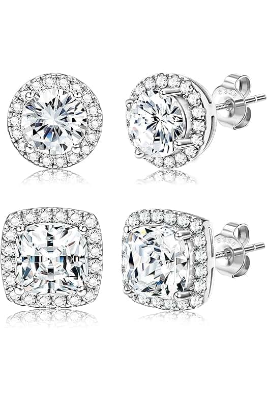 Hayoso 18K Gold Plated Halo Stud Earrings 925 Sterling Silver Cubic Zirconia Stud Earrings Round Square Diamonique Stud Earrings Set for Women Men