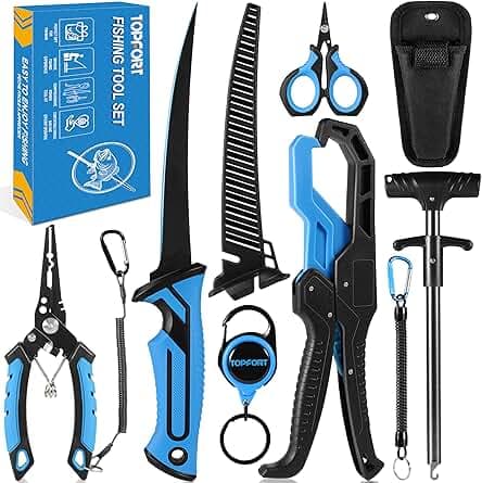 TOPFORT Fishing Gear Tool Kit - 7PC Saltwater Fishing Pliers Accessories Set - Fishing Equipment with Fish Knife Scissors Hook Remover Tools Line Cutter and Fish Lip Gripper - Fishing Gifts for Men