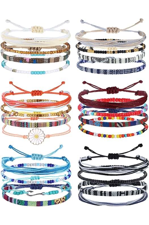 LOLIAS 24 Pieces Waterproof String Bracelets for Women Surfer Wave Boho Bracelet Adjustable Handmade Friendship Bracelet String Ocean Beach Boho Bracelets Anklets for Women