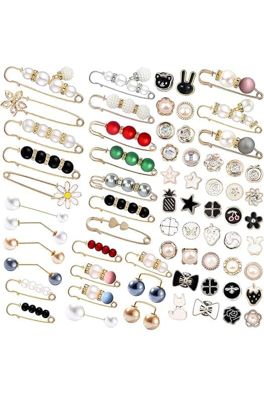 69 Pcs Pearl Brooch, Sweater Shawl Hat Clip Neckline Pins Double Faux Pearl Brooches for Women Fashion Cover Up Buttons Clothing Dresses Decoration Accessories Pant Waist Tightener Safety Pins