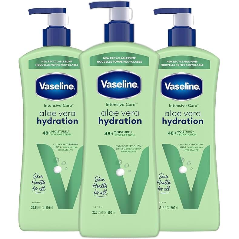 Vaseline Intensive Care Body Lotion for Dry Skin Soothing Hydration Lotion Made with Ultra-Hydrating Lipids + 1% Aloe Vera Extract to Refresh Dehydrated Skin 20.3 oz, Pack of 3