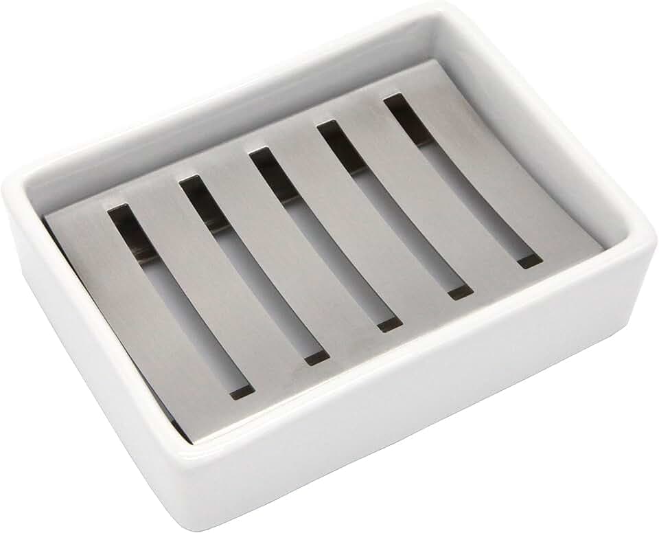 Ceramic Soap Dish Stainless Steel Soap Holder for Bathroom and Shower Double Layer Draining Soap Box