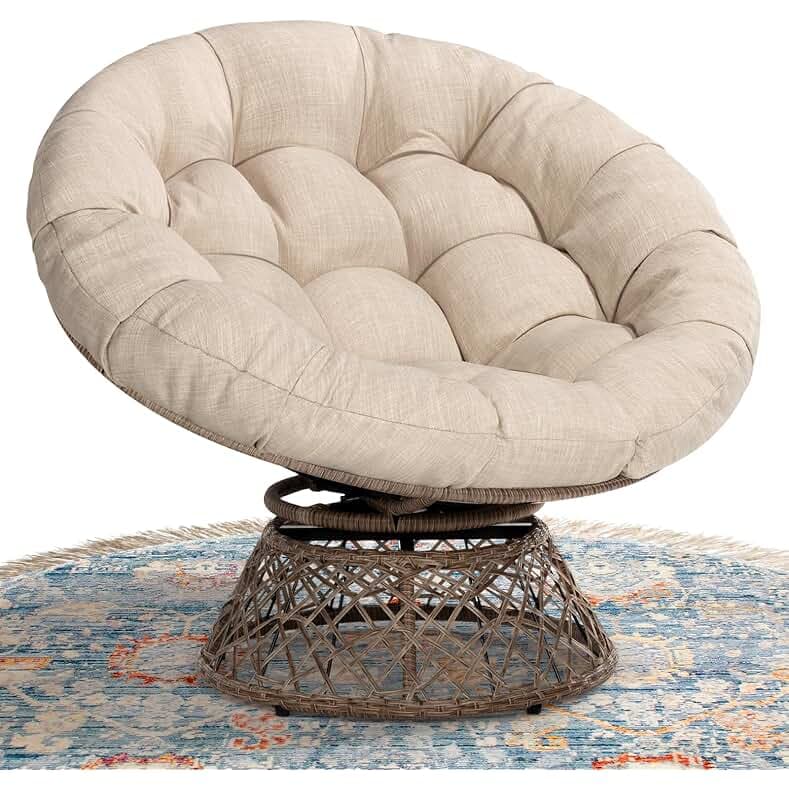 Bme 40" Ergonomic Wicker Papasan Chair with Soft Thick Density Fabric Cushion, High Capacity Steel Frame, 360 Degree Swivel for Living, Bedroom, Reading Room, Lounge, Sepia Sand - Brown Base