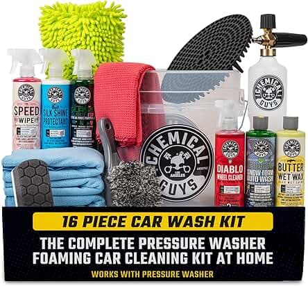 Chemical Guys HOL169 16-Piece Arsenal Builder Car Wash Kit with Foam Cannon, Bucket and (6) 16 Oz Car Care Cleaning Chemicals, Gift for Car & Truck Lovers, Dads and DIYers (Works W/Pressure Washers)