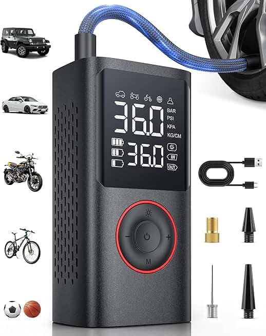 Tire Inflator Portable Air Compressor, 150 PSI Cordless Bike Pump, Air Pump for Auto, Motorcycle, Bicycle, Balls with Pressure Gauge, LED Light & Car Accessories, Black, Medium