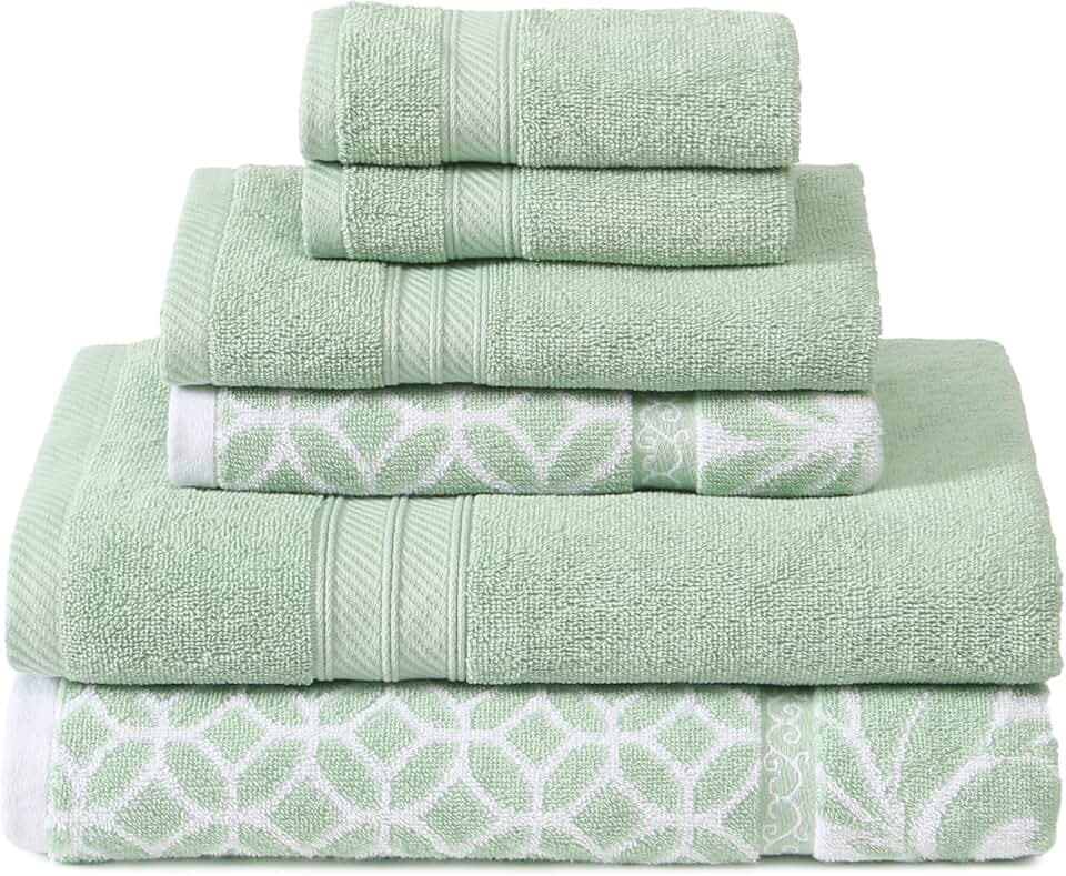 Modern Threads Trefoil Filigree 6-Piece 100% Cotton Towel Set – Reversible Yarn Dyed Jacquard – Includes 2 Bath Towels, 2 Hand Towels, 2 Washcloths – Absorbent, Quick Dry, Soft & Durable – Sage Green
