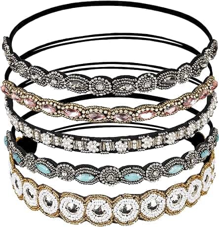Teenitor 5pcs Hairbands for Women, 5 Rhinestone Beaded Headbands, Head Bands for Women's Hair Fashionable Handmade Crystal Beaded Elastic hairbands, 20-26.8"(51-68cm), 1 Count (Pack of 5), HAIRBAND
