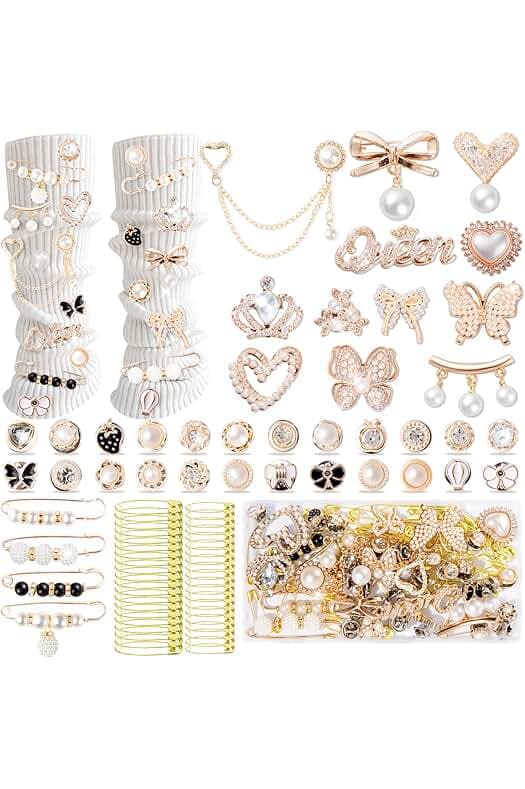 RQAYE 80pcs Junk Socks Charms Kit, Brooches and Pins for Women,Gold Shoe Charms,Shoe Charms for Sneakers, Safety Pin,Sock Charms Kit Bulk for Hat Clothes，Sock Jewelry Charms
