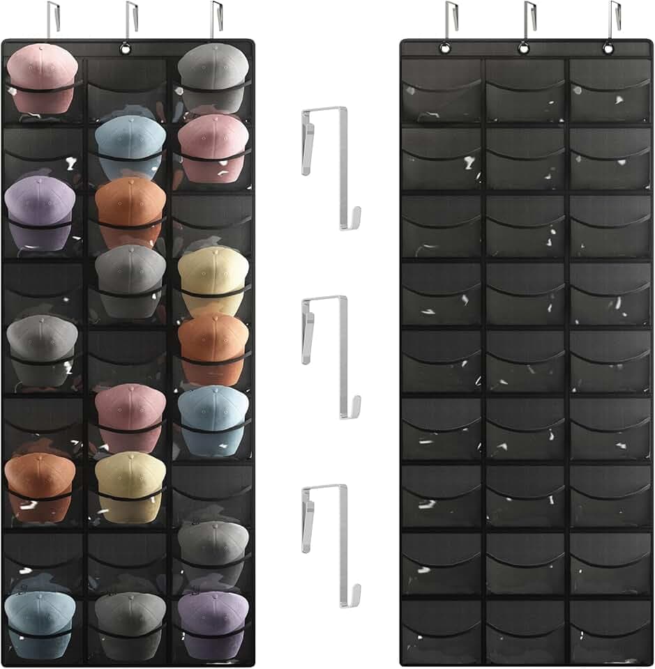 Fixwal Hat Organizer for Baseball Caps, 27 Pocket Over The Door Hat Rack for Storage Closet Wall, Cap Holder Hanger with Large Clear Pockets & 3 Hooks, Hat Storage to Protect and Display, Black