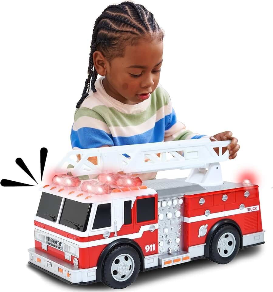Sunny Days Entertainment Maxx Action 12’’ Large Fire Truck – Lights and Sounds Vehicle with Extendable Ladder | Motorized Drive and Soft Grip Tires | Red Firetruck Toys for Kids 3-8