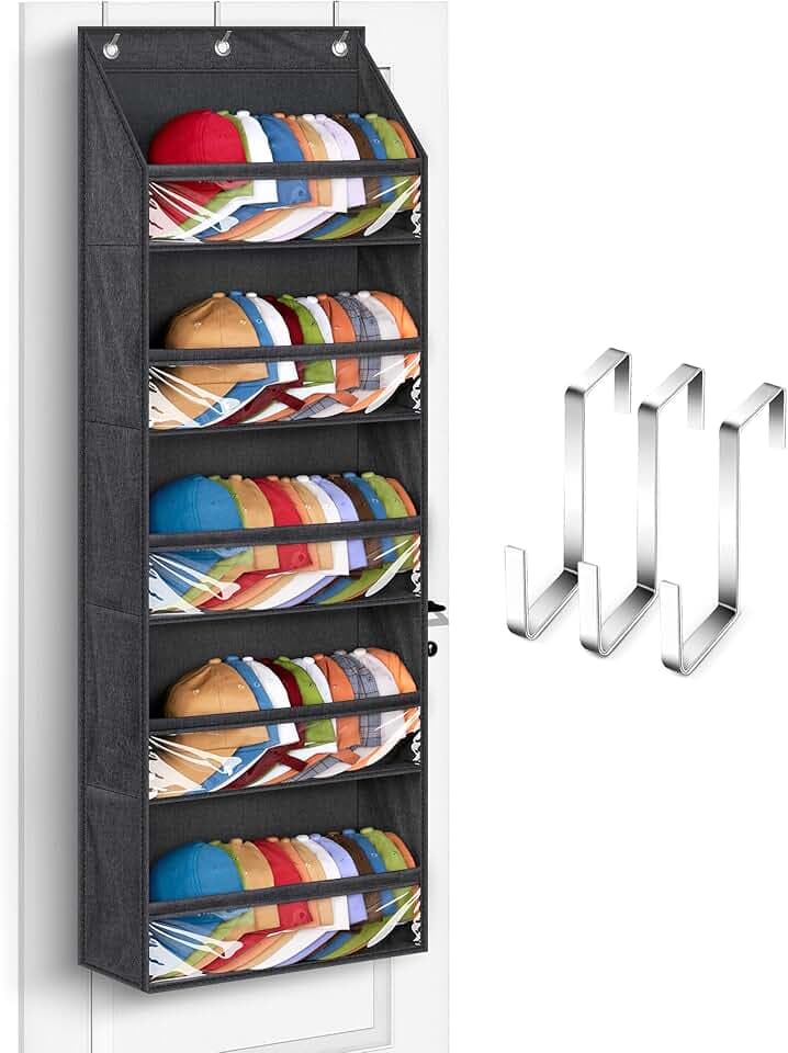 SLEEPING LAMB Over Door Hat Racks for Baseball Caps, Clear Deep Pockets Hat Organizer for Closet or Wall Hold 60 Hats Storage Holder With 3 Hooks Caps Display (Black)