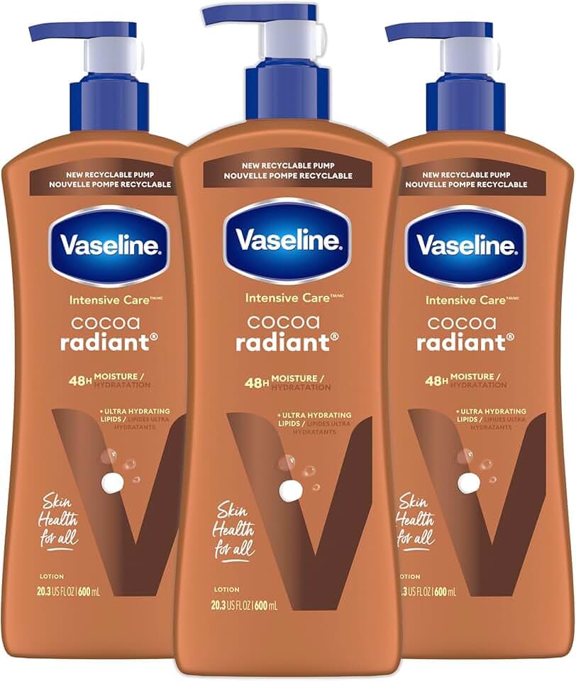 Vaseline Intensive Care Body Lotion Cocoa Radiant 3 count for Dry Skin Lotion Made with Ultra-Hydrating Lipids and Pure Cocoa Butter for a Long-Lasting, Radiant Glow 20.3 Oz