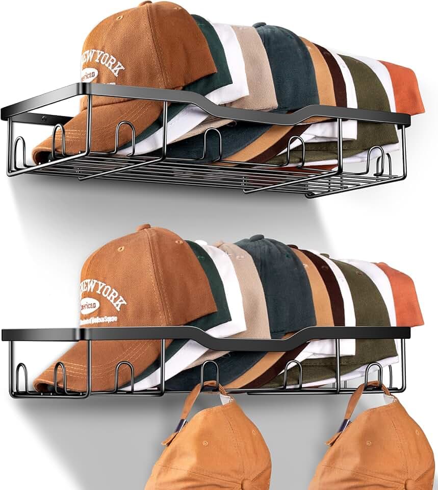 KEETDY Metal Hat Racks for Baseball Caps Wall Hat Organizer Fit 20 Caps Holder, 2 Packs Sturdy Wall Mounted Hat Storage Organizer, Black, Patent: US D1,041,201 S