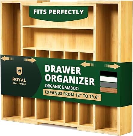ROYAL CRAFT WOOD Luxury Bamboo Kitchen Drawer Organizer - Silverware Organizer, Utensil Holder & Cutlery Tray Drawer Dividers for Flatware (9 Slot, Natural)