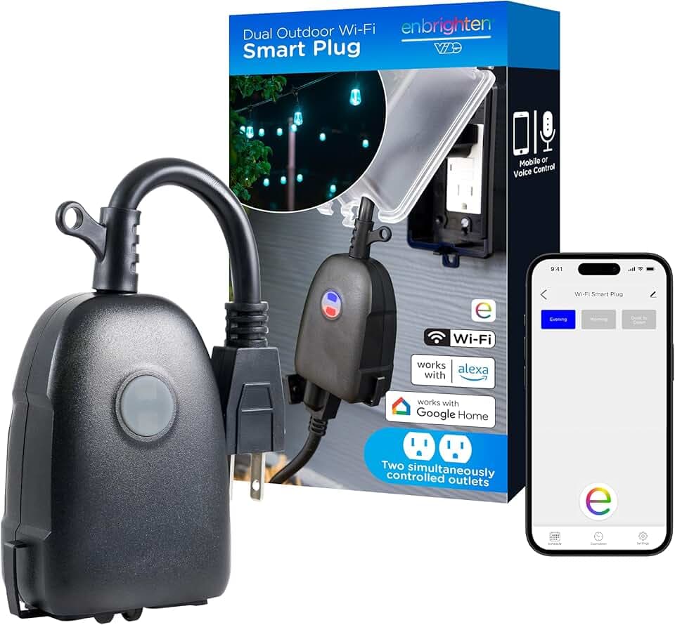 Enbrighten Vibe Outdoor Smart Plug, 2 Grounded Outlets, Weather-Resistant, Custom ON/Off Controls, Schedule Outdoor Lighting, Compatible with Alexa, Google Assistant, Black, 51251